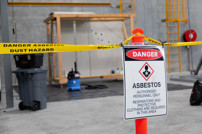 Danger asbestos sign with warning demarcation tape at the HSE Sydney training centre.