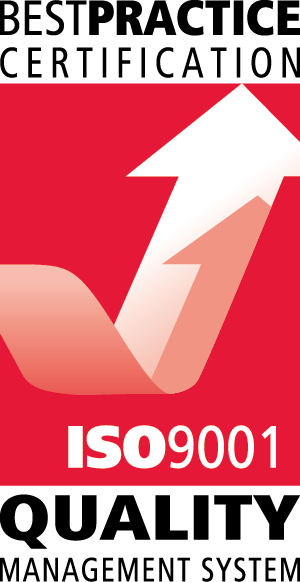 ISO 9001 Quality Management System accreditation logo.