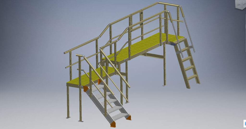 3D CAD render of the access platform showing stairs, self-closing gates and walkway material.