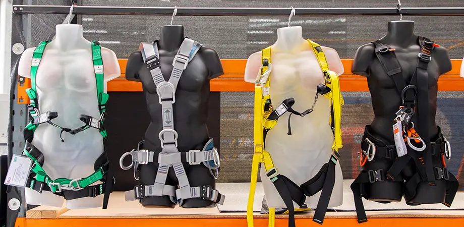 A range of different coloured fall arrest harnesses on display at HSE Sydney.