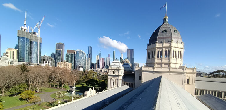 Looking across the roof of the Royal Exhibition Building towards the main dome.