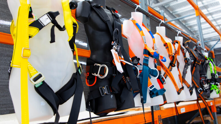Fall protection harnesses on display at HSE Sydney.