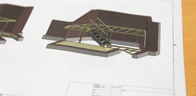 3D CAD render of a staircase and access platform.