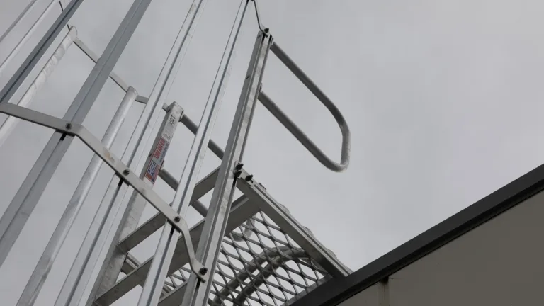 Vertical caged ladder and landing platform at the edge of a roof.