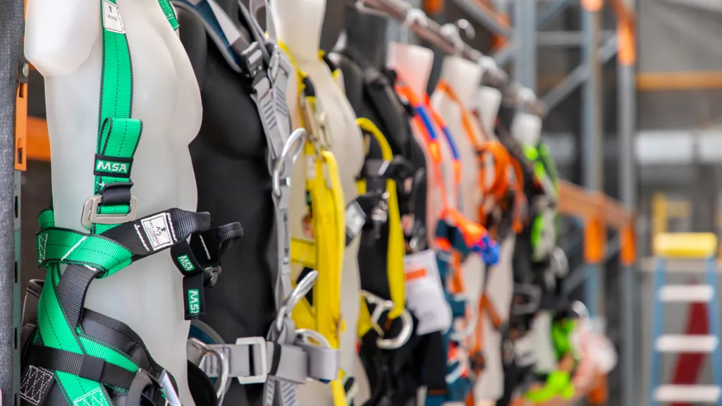 A range of different fall arrest harnesses at HSE Sydney.