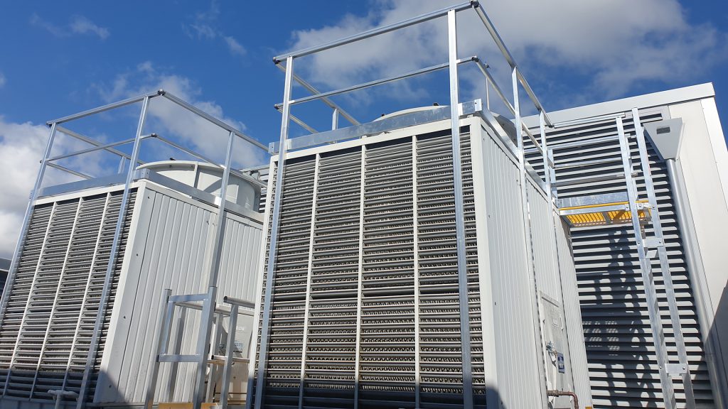 Maintenance platforms for contractors to access HVAC cooling towers.