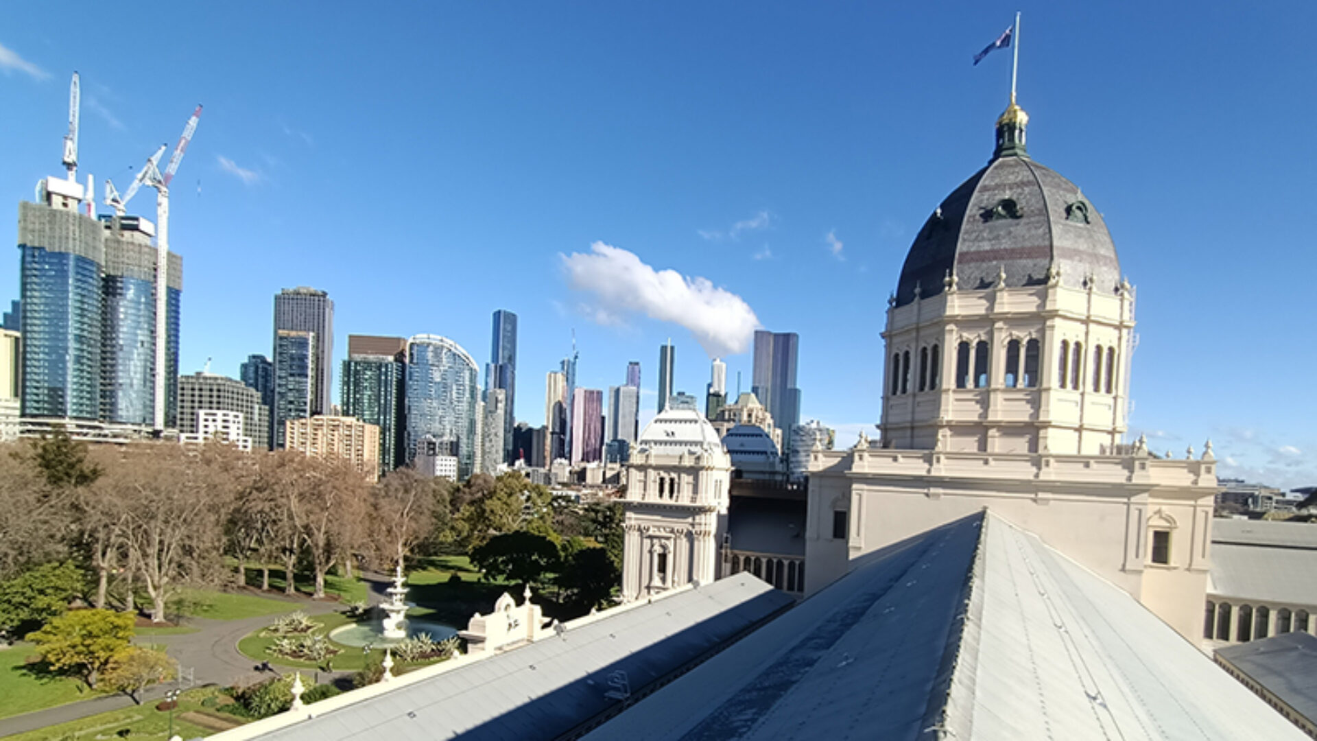 Looking across the roof of the Royal Exhibition Building towards the main dome.