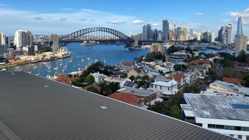 Static line system installed on a roof overlooking Sydney Harbour and Luna Park.