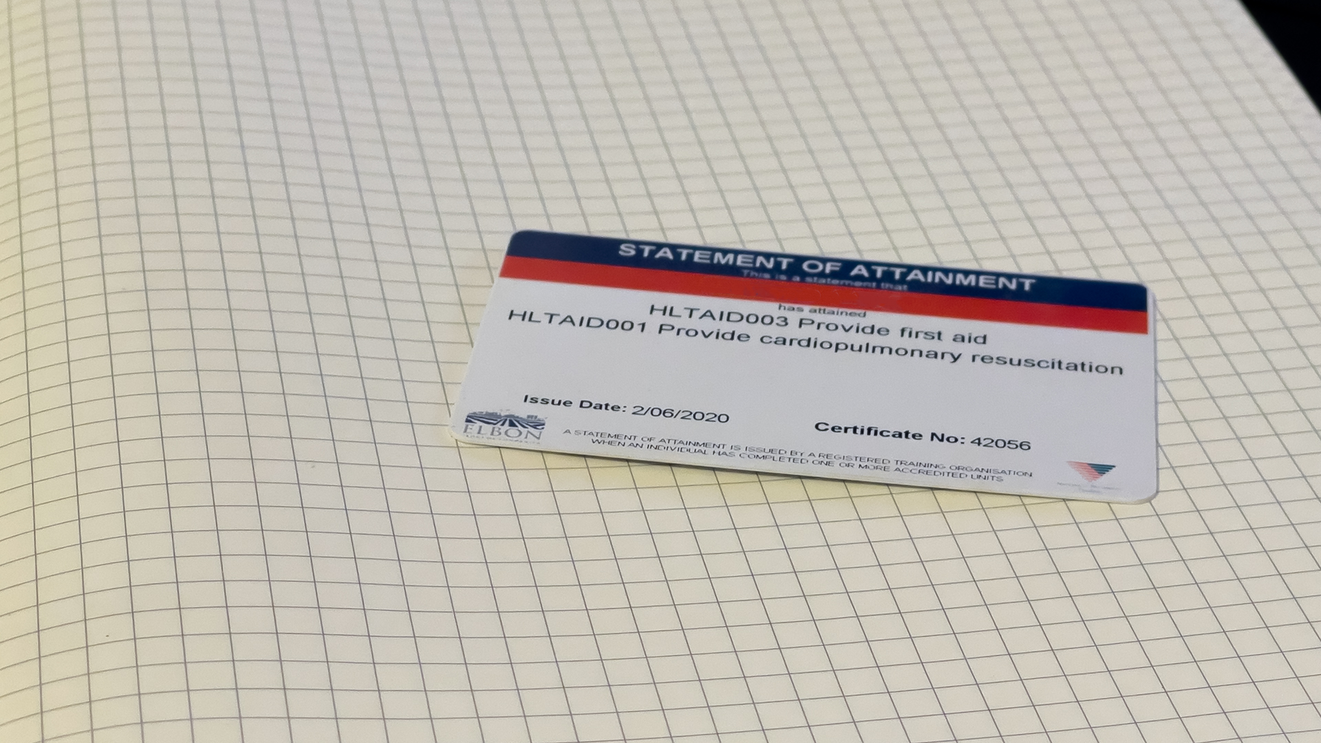 Statement of attainment card. Date issued is two years ago.